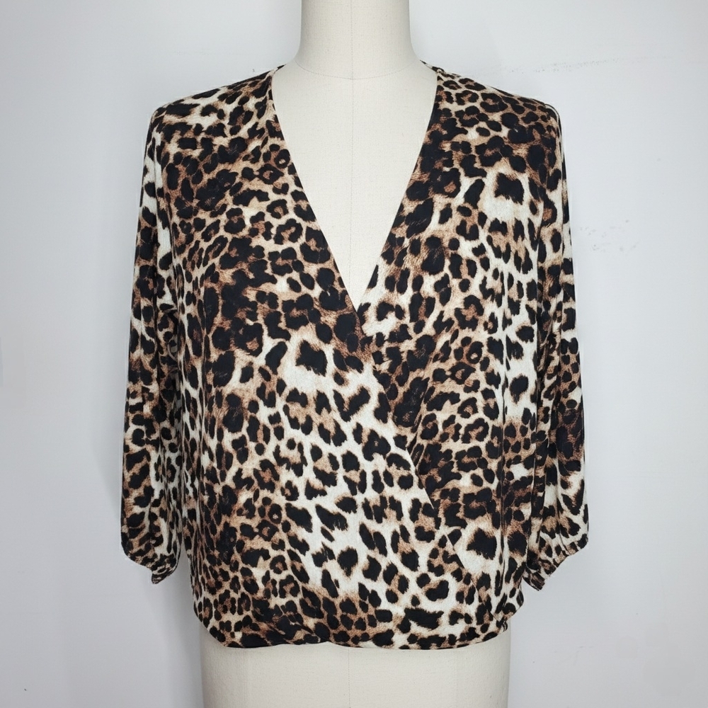 Veronica M Size S Blouse Animal Print Leopard Brown Beige 3/4 Sleeve Wrap V-Neck